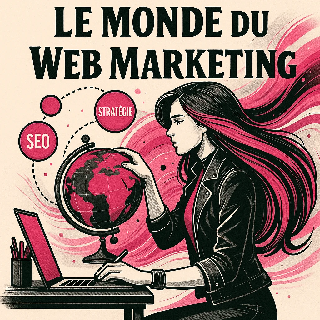 Illustration stylisée d’une femme au style Lady Web Marketing faisant tourner un globe rose, entouré des mots SEO, Stratégie et Contenu illustrant l'article le monde du web marketing