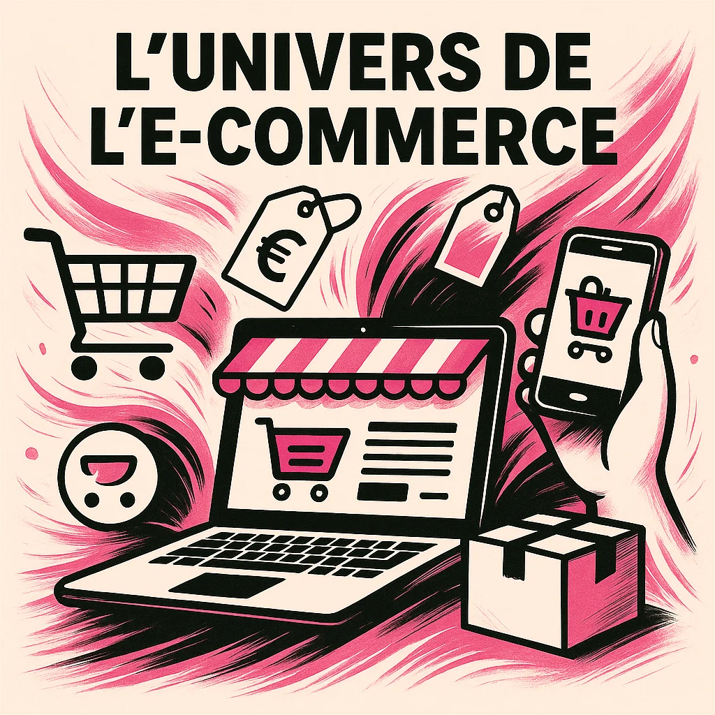 Laptop affichant une boutique en ligne entouré d’icônes de panier, étiquettes, colis et smartphone, sur fond texturé rose, noir et blanc dans le style Lady Web Marketing afin d'illustrer l'article l'univers de l'e-commerce