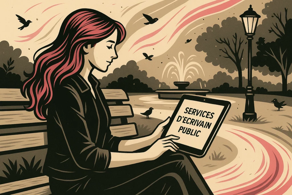 Femme assise dans un parc, en pleine rédaction sur tablette, entourée d’un réverbère, d’une fontaine et d’éléments naturels – illustration stylisée du service d'écrivain public de Lady Web Marketing.