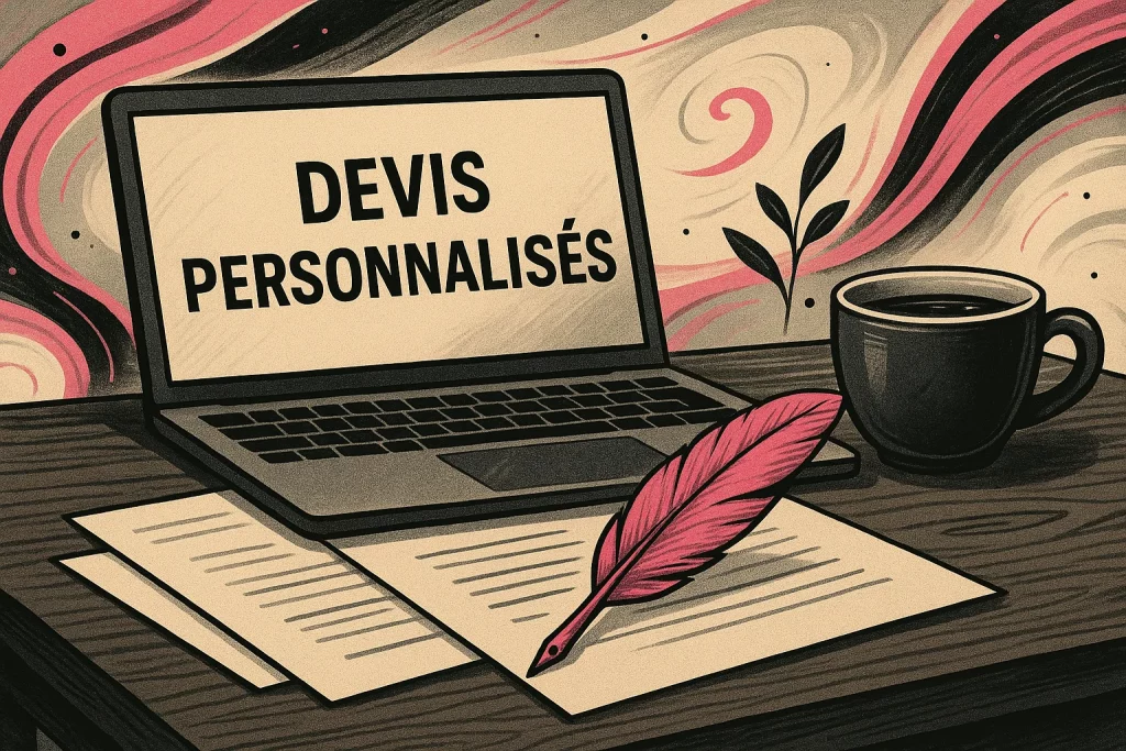 Illustration stylisée d’un bureau digital avec ordinateur, tablette et smartphone pour la création de devis personnalisés en rédaction et SEO.