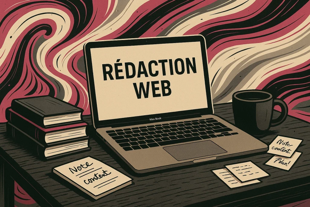 Illustration de la page Services en Rédaction Web stylisée représentant une femme de dos à son bureau, entourée de deux silhouettes féminines utilisant ordinateur portable et smartphone, dans un univers graphique rose, noir et gris.