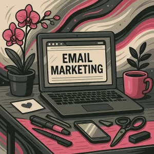 Illustration graphique d’un bureau moderne avec ordinateur affichant “E-mail Marketing”, orchidée, accessoires de travail et ambiance visuelle nuancée rose, gris et noir
