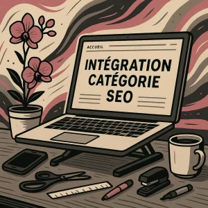 Illustration stylisée d’un bureau avec ordinateur sur rehausseur affichant “Intégration catégories SEO”, orchidée, tasse de café et fournitures de bureau