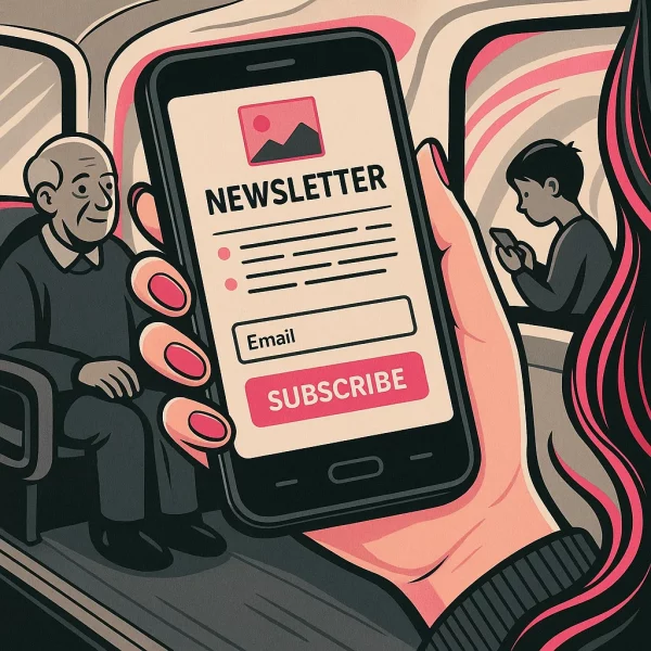Illustration carrée stylisée d’une main féminine dans un bus, tenant un smartphone affichant une pop-up de rédaction de newsletter, avec ambiance graphique rose, gris et noir
