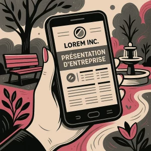 Illustration stylisée d’une femme assise sur un banc dans un parc, tenant un téléphone affichant une présentation d’entreprise, avec arbres graphiques, fontaine et détails urbains.