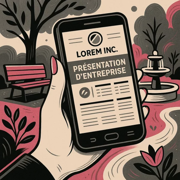 Illustration stylisée d’une femme assise sur un banc dans un parc, tenant un téléphone affichant une présentation d’entreprise, avec arbres graphiques, fontaine et détails urbains.