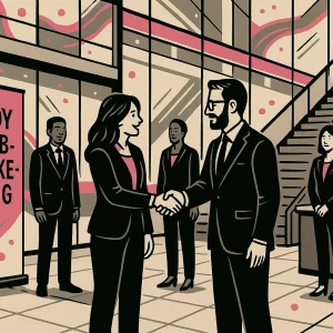 Illustration graphique d’un hall d’entreprise moderne : deux personnes se serrent la main devant un kakemono “Lady Web Marketing”, avec escalier, bureaux, accueil et collaborateurs en arrière-plan.