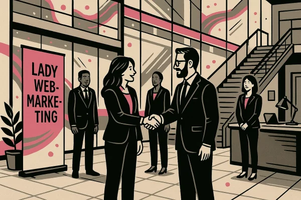 Illustration graphique d’un hall d’entreprise moderne : deux personnes se serrent la main devant un kakemono “Lady Web Marketing”, avec escalier, bureaux, accueil et collaborateurs en arrière-plan.