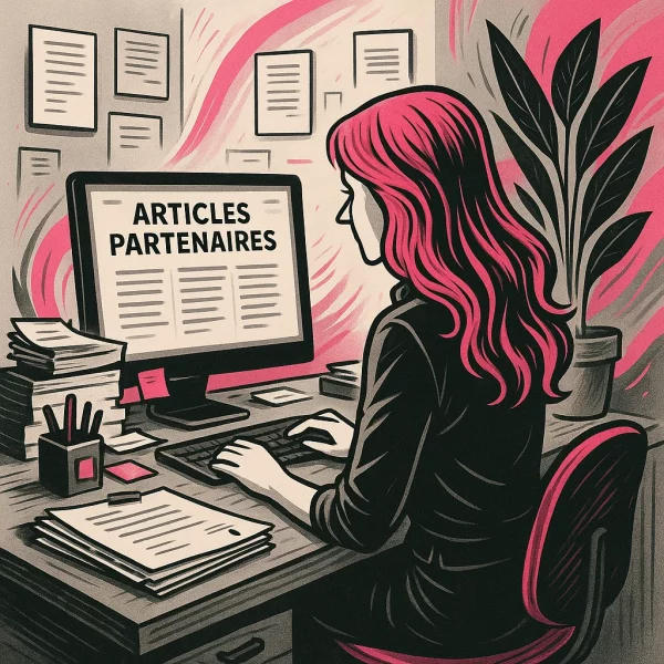 Illustration d’une femme dans un bureau en train de travailler sur la rédaction d'article partenaire