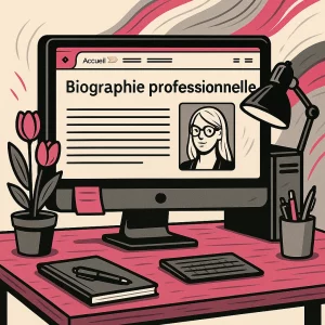 Illustration stylisée d’un poste de travail avec tour d’ordinateur, écran pour le service de rédaction d'une biographie professionnelle, portrait de femme blonde à lunettes, tulipes et accessoires.
