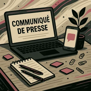 Illustration stylisée d’un bureau avec ordinateur affichant " Rédaction Communiqué de Presse ", bloc-notes, téléphone, post-its et trombones sur fond graphique rose, noir et gris