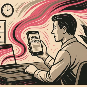 Illustration d’un homme consultant un mode d’emploi sur son téléphone dans un bureau, ambiance professionnelle stylisée