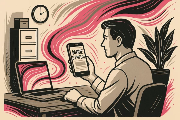 Illustration d’un homme consultant un mode d’emploi sur son téléphone dans un bureau, ambiance professionnelle stylisée