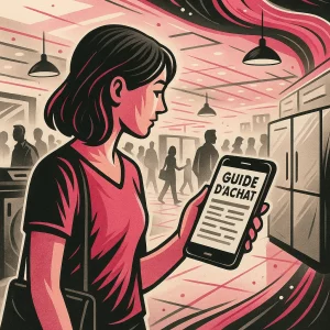 Illustration d’une personne consultant la rédaction d'un guide d’achat sur son téléphone dans un magasin d’électroménager