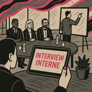Illustration stylisée d’une interview interne : une femme tient une tablette affichant « Interview Interne » autour d’une table de réunion, avec un tableau blanc en fond et des collègues attentifs.