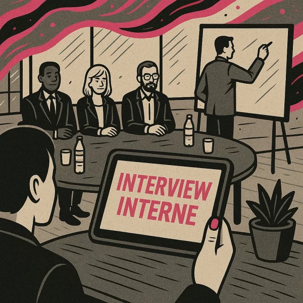 Illustration stylisée d’une interview interne : une femme tient une tablette affichant « Interview Interne » autour d’une table de réunion, avec un tableau blanc en fond et des collègues attentifs.