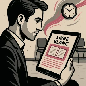 Illustration stylisée d’un homme consultant un livre blanc sur tablette dans une salle d’attente, avec chaises alignées, horloge murale et ambiance graphique nuancée rose, gris, noir et blanc.