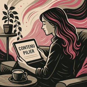 Femme assise sur un canapé, tenant une tablette affichant “rédaction Contenu pilier”, avec cappuccino, lierre tombant et fond graphique rose, noir et gris