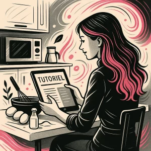Illustration stylisée d’une femme consultant un tutoriel culinaire sur sa tablette dans une cuisine moderne