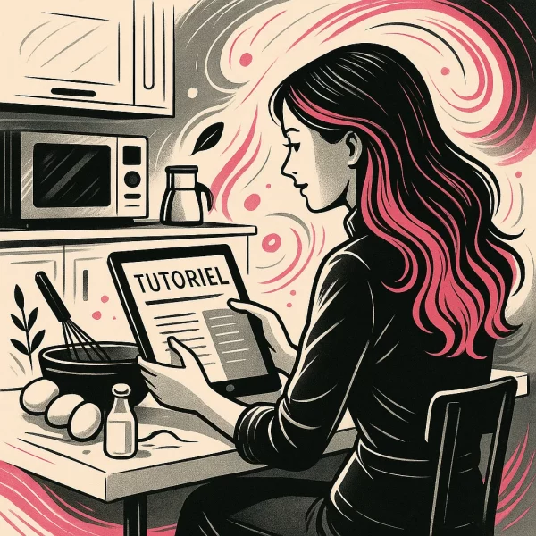 Illustration stylisée d’une femme consultant un tutoriel culinaire sur sa tablette dans une cuisine moderne
