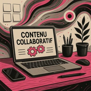 Illustration stylisée présentant la rédaction de contenu collaboratif : plusieurs intervenants, échanges, construction éditoriale partagée dans l’univers Lady Web Marketing.