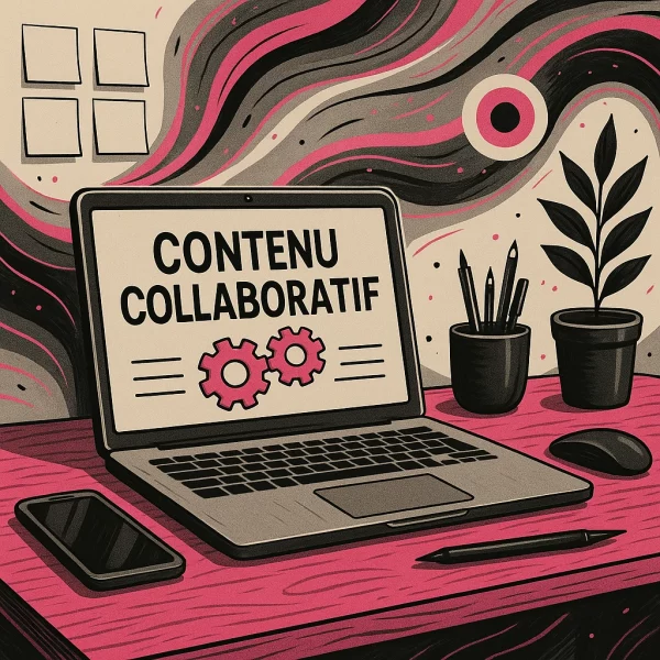 Illustration stylisée présentant la rédaction de contenu collaboratif : plusieurs intervenants, échanges, construction éditoriale partagée dans l’univers Lady Web Marketing.