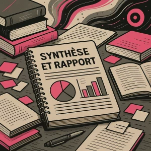 Bureau de travail avec post-its, documents, livres ouverts et un dossier à spirale intitulé synthèse et rapports, illustrant la rédaction synthèse et rapport professionnels entouré de graphiques et schémas.
