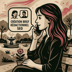 Femme aux cheveux longs assise sur un banc de parc, parlant au téléphone, entourée d’éléments graphiques roses et gris, avec l’inscription « Création Brief rédactionnel SEO » visible à l’écran.