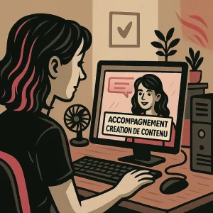 Illustration d'une femme de dos devant un ordinateur de bureau affichant une fenêtre de discussion active où il est inscrit accompagnement création de contenu avec une autre femme en visioconférence, accompagnée d’un ventilateur rose et noir.