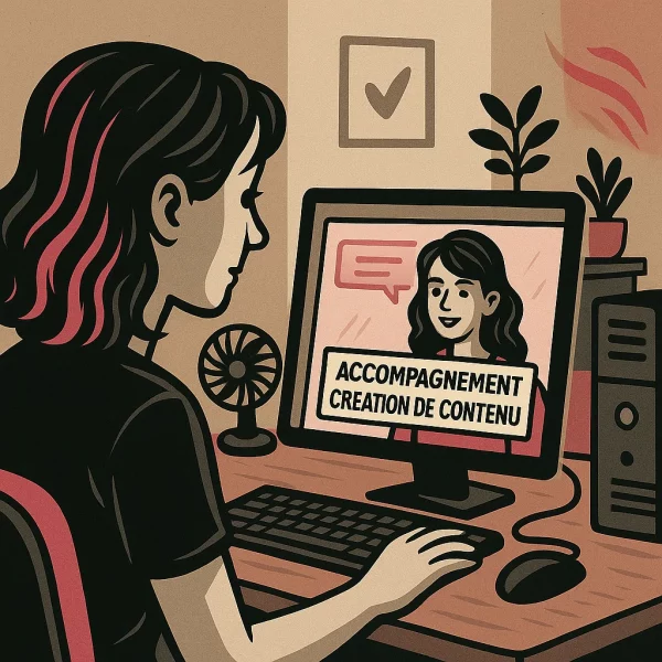 Illustration d'une femme de dos devant un ordinateur de bureau affichant une fenêtre de discussion active où il est inscrit accompagnement création de contenu avec une autre femme en visioconférence, accompagnée d’un ventilateur rose et noir.