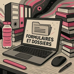 Bureau de travail avec ordinateur portable affichant “formulaire” et “dossier”, bouteille d’eau, lime à ongles, piles de livres et documents administratifs illustrant le service d'aide aux formalités administratives