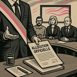 Rédaction allocution officielle : illustration d’un homme debout en costume avec écharpe tricolore, parlant devant une assemblée autour d’une table, feuilles et verre d’eau posés devant lui.
