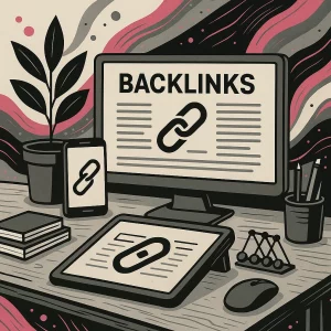 Bureau stylisé avec un ordinateur illustrant la rédaction contenu Backlinking, une tablette, un smartphone, une chaîne représentée en icône de lien, une souris sans fil, un pot à crayons, une plante décorative et une pile de livres. Illustration sans personnage, dans les tons beige, gris, rose et noir.