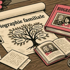 Rédaction biographie familiale : illustration stylisée d’un parchemin généalogique déroulé sur une table, avec livres ouverts, photos anciennes et médaillon.