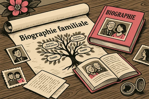 Rédaction biographie familiale : illustration stylisée d’un parchemin généalogique déroulé sur une table, avec livres ouverts, photos anciennes et médaillon.