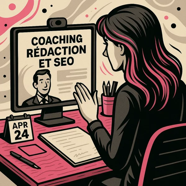 Femme concentrée sur son ordinateur, entourée de notes et d’un carnet. L’écran affiche « coaching en rédaction SEO ». Décor de travail structuré et lumineux.