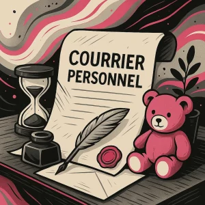 Illustration d’un bureau élégant avec un parchemin illustrant la correspondance personnelle, une plume d’oie, un tampon cire rose, un sablier, une enveloppe et un petit nounours.
