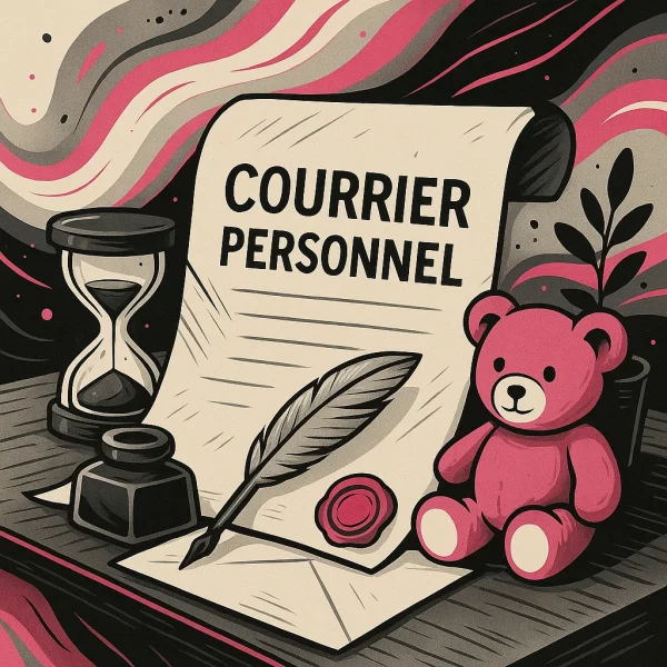 Illustration d’un bureau élégant avec un parchemin illustrant la correspondance personnelle, une plume d’oie, un tampon cire rose, un sablier, une enveloppe et un petit nounours.