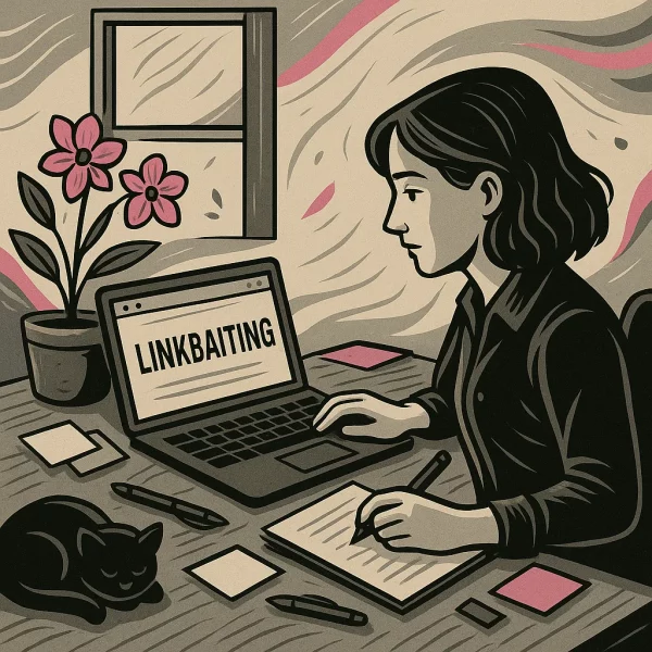 Femme concentrée devant son ordinateur portable occupée à la rédaction de contenu Linkbaiting, entourée de post-it, stylos et feuilles, avec un chat noir endormi, une orchidée stylisée et une petite fenêtre à l’arrière-plan.