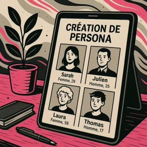 Illustration stylisée représentant la création de persona : un bureau organisé avec plusieurs fiches profil, une carte mentale sur écran, des icônes de profils, et un univers graphique structuré aux couleurs Lady Web Marketing.