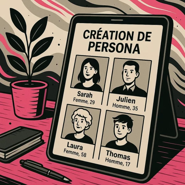 Illustration stylisée représentant la création de persona : un bureau organisé avec plusieurs fiches profil, une carte mentale sur écran, des icônes de profils, et un univers graphique structuré aux couleurs Lady Web Marketing.