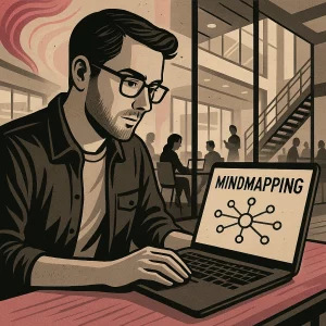 Homme à lunettes concentré devant un ordinateur portable entrain de travailler sur la création d'un mind mapping éditorial, dans un bureau moderne en open space avec baies vitrées et escaliers.