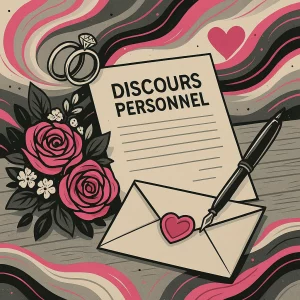 Rédaction discours personnel : illustration d’une enveloppe scellée, d’un bouquet de roses, de deux alliances et d’une feuille marquée “Discours personnel”, dans une ambiance élégante et poétique.