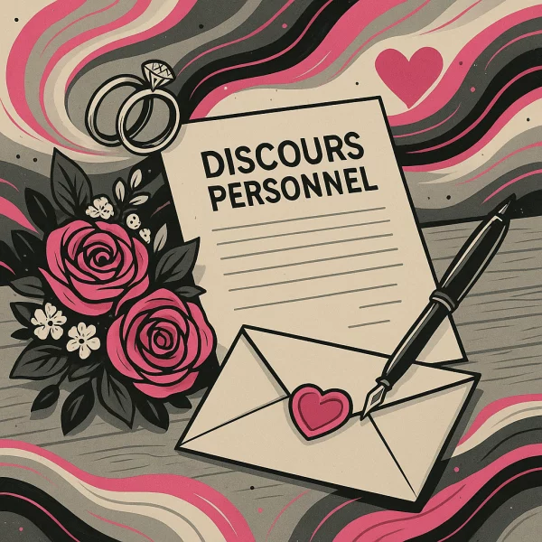 Rédaction discours personnel : illustration d’une enveloppe scellée, d’un bouquet de roses, de deux alliances et d’une feuille marquée “Discours personnel”, dans une ambiance élégante et poétique.