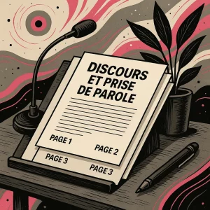 Illustration-service-discours-professionnel avec un pupitre sur lequel se trouve un micro, une pile de feuilles de discours une plante et un stylo