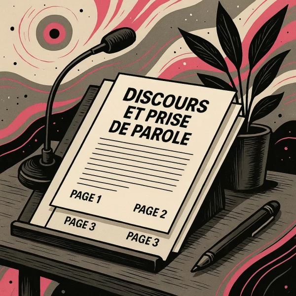 Illustration-service-discours-professionnel avec un pupitre sur lequel se trouve un micro, une pile de feuilles de discours une plante et un stylo