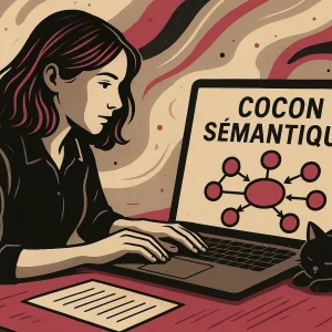 Femme concentrée devant son ordinateur portable, élaboration d'un cocon sémantique, avec un chat noir allongé à côté sur la table et un fond graphique en spirales rose, noir, blanc et gris.