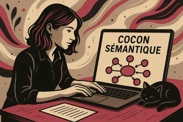 Femme concentrée devant son ordinateur portable, élaboration d'un cocon sémantique, avec un chat noir allongé à côté sur la table et un fond graphique en spirales rose, noir, blanc et gris.