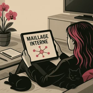 Femme assise sur un canapé, de dos, travaillant sur une tablette sur l'élaboration du Maillage interne d'un site, avec un chat noir, une orchidée, une tasse de café, un bloc-notes et un meuble TV dans un décor stylisé beige, gris, noir et rose.