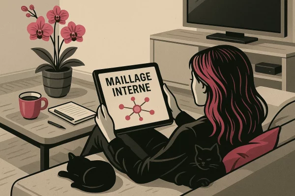 Femme assise sur un canapé, de dos, travaillant sur une tablette sur l'élaboration du Maillage interne d'un site, avec un chat noir, une orchidée, une tasse de café, un bloc-notes et un meuble TV dans un décor stylisé beige, gris, noir et rose.